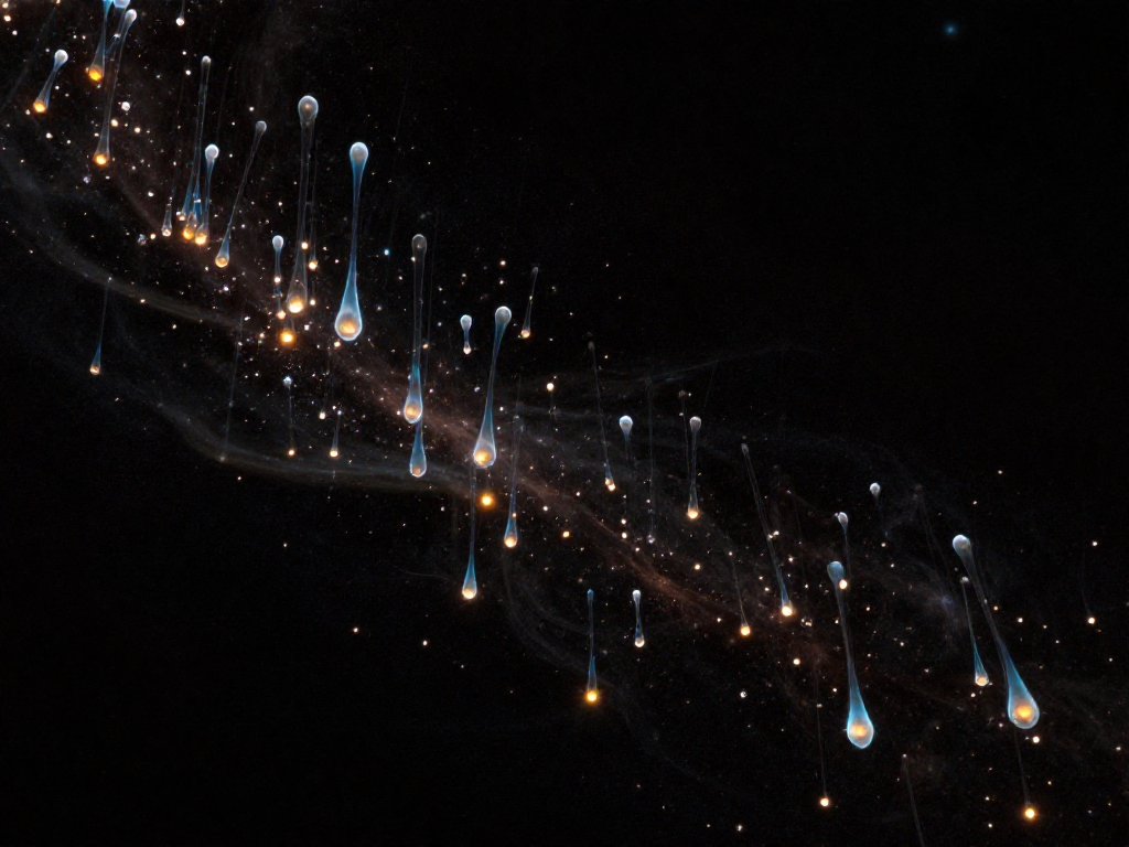 Thousands of translucent comet-shaped forms suspended in darkness