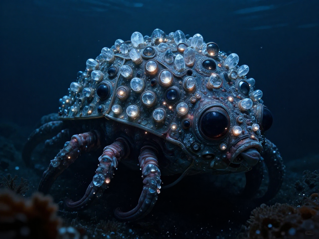 Deep sea creature with crystalline eyes in armor